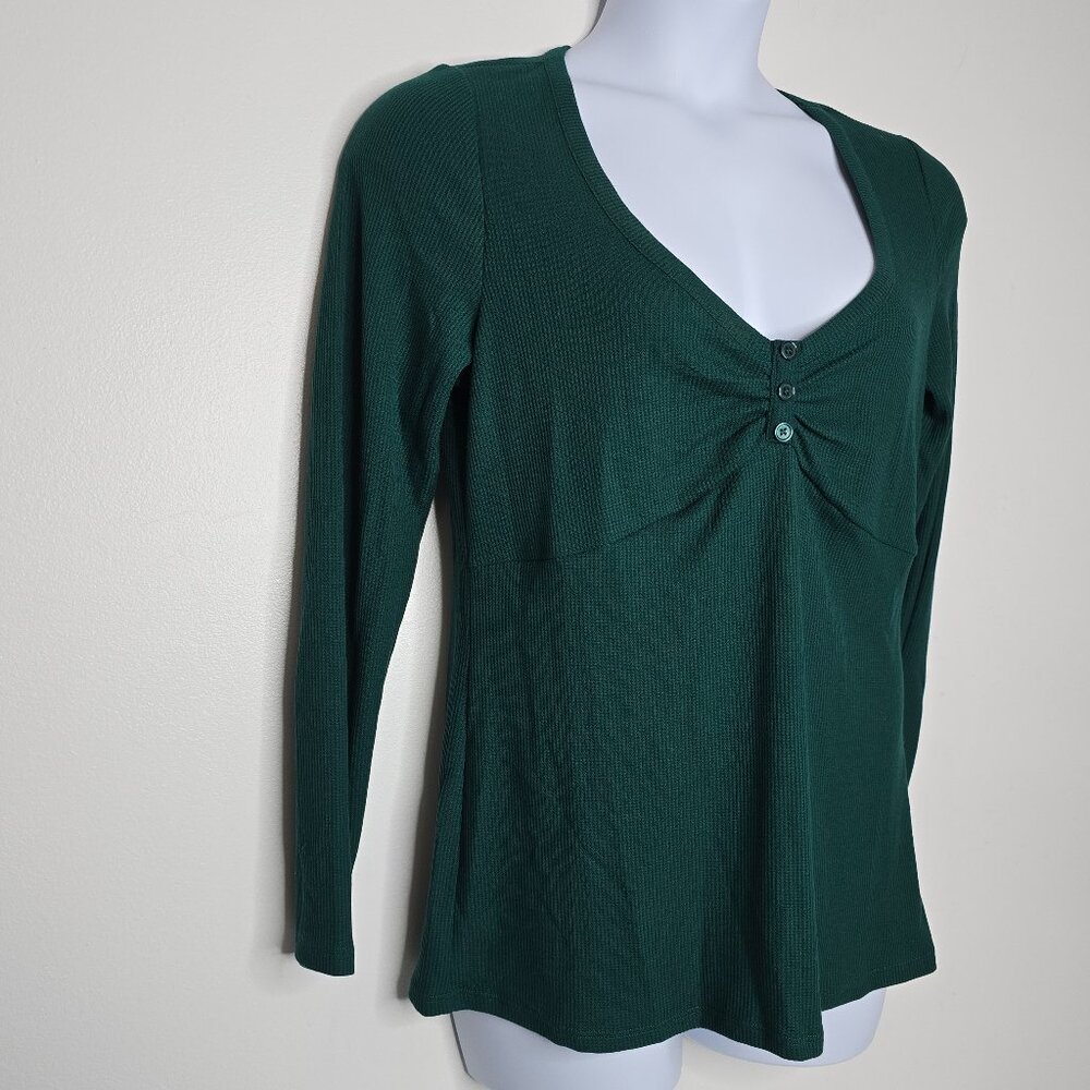 Torrid Womens Large Green Henley Waffle Knit Thermal Long Sleeve Top‎ Shirt NEW